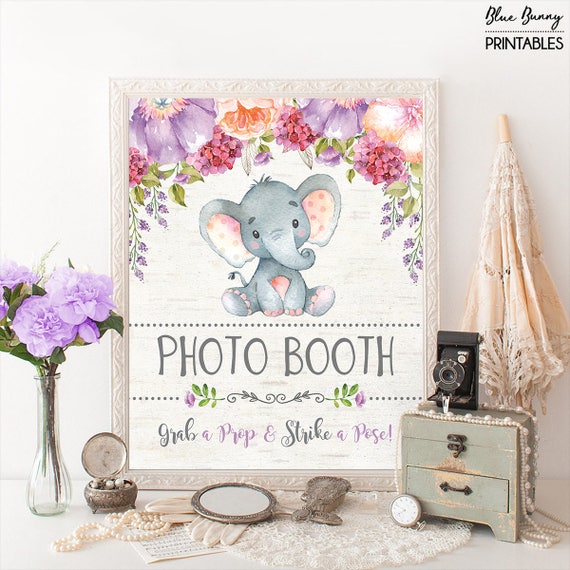 Floral Elephant Photo Booth Sign. Purple Flower Photo Booth Prop. Baby Shower Decor. 1st First Birthday Baby Girl Shower Decoration. PUR1 Il_570xn