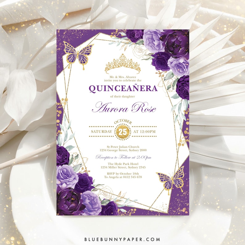 May include: A Quincea&ntilde;era invitation with a purple and gold floral design. The invitation features the text "QUINCEA&Ntilde;ERA" and "Aurora Rose". Gold butterflies and a tiara accent the design. The date is October 25th at 12:00 PM.