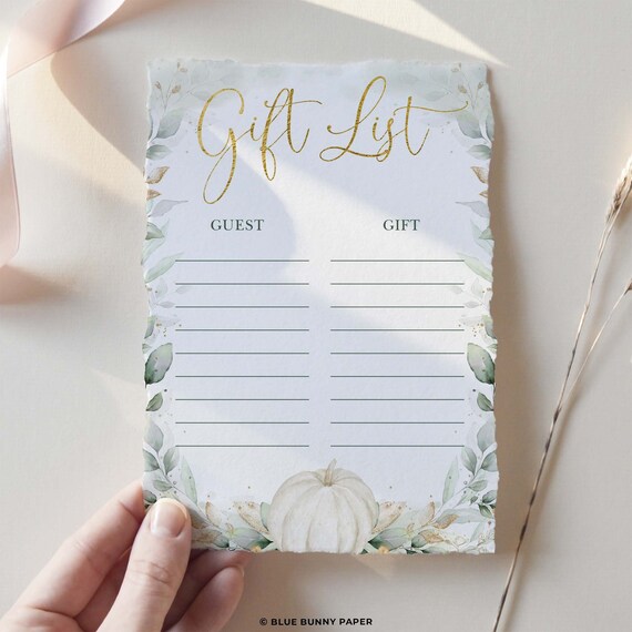 Pumpkin Gift List Printable Card, Greenery Gold Baby Shower, Eucalyptus Birthday Gift Log, Gender Neutral Autumn INSTANT DOWNLOAD, PUM4 Il_570xn