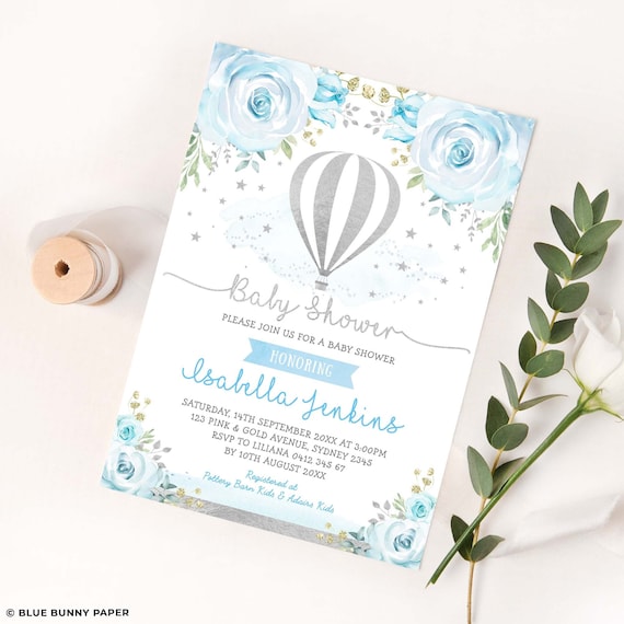 EDITABLE Hot Air Balloon Baby Shower Invitation, Blue Silver Adventure