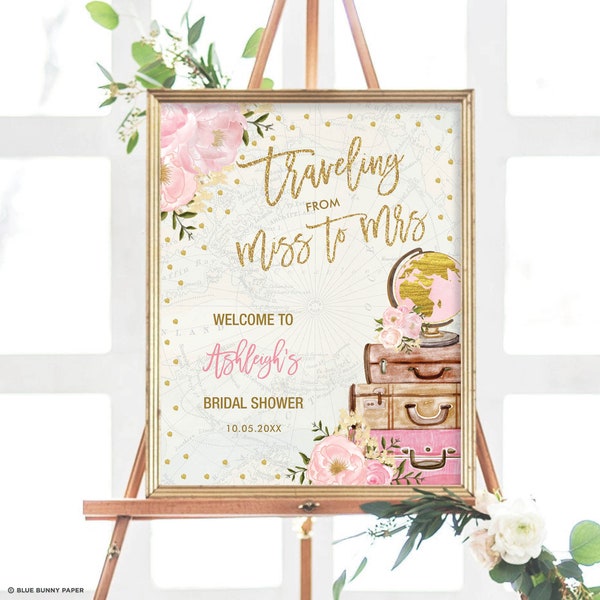 Vintage Travel Bridal Shower Welcome Sign, Traveling Miss to Mrs Destination Wedding Shower, Blush Pink Floral EDITABLE TEMPLATE, TRA3