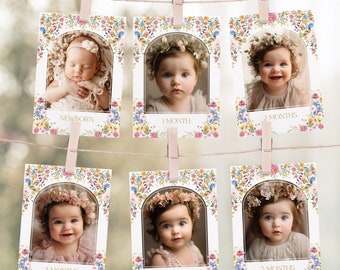Spring Wildflower Birthday Photo Banner Bright Boho Flowers 1st Birthday Monthly Milestone Photo Cards Banner EDITABLE TEMPLATE, FLO2
