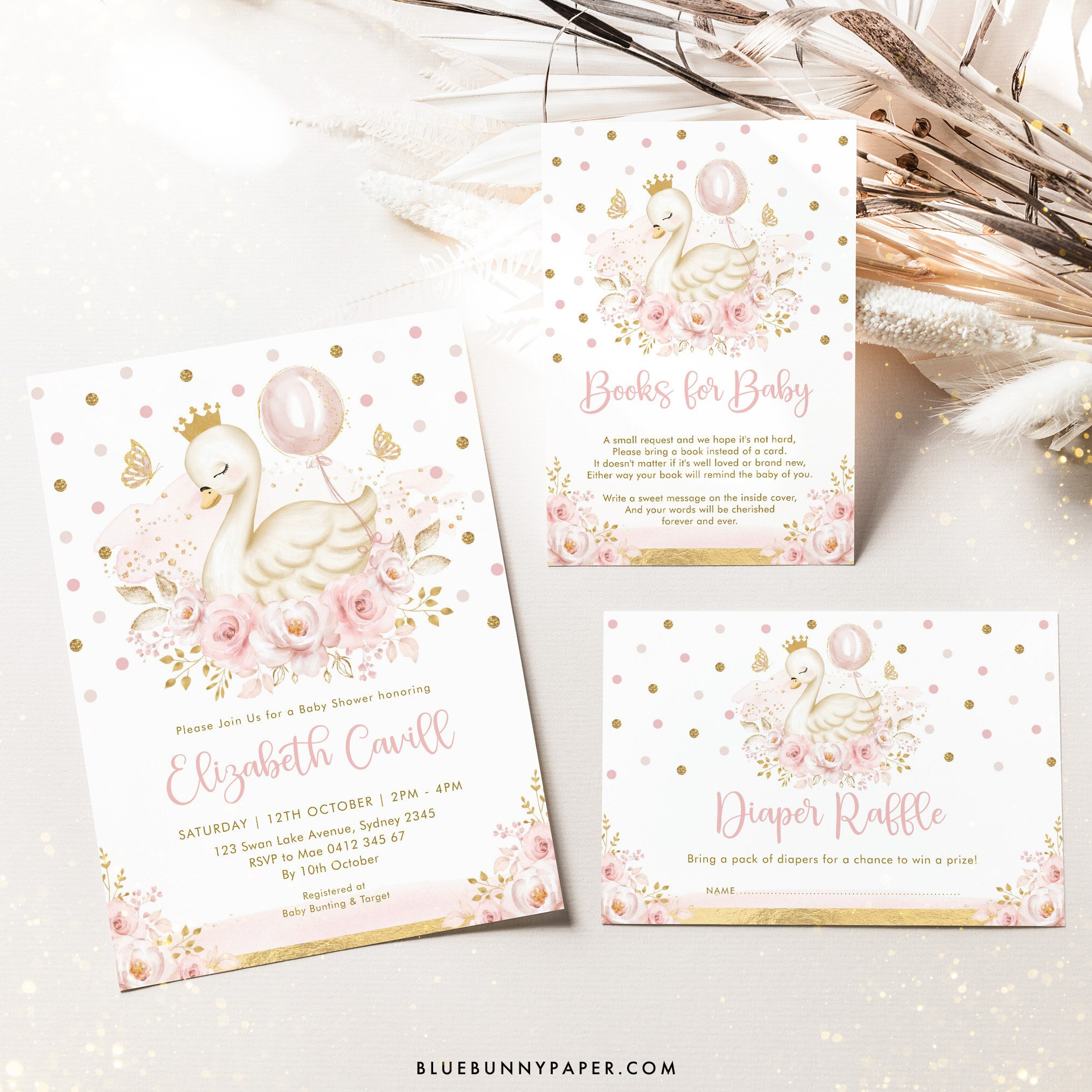 Swan Princess Baby Shower Invitation Bundle Pink Balloon Swan Templates ...