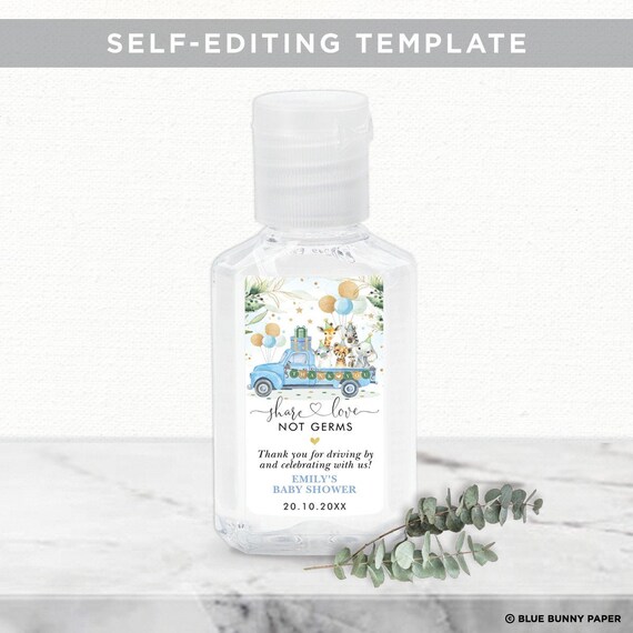 DIY Hand Sanitizer Label Template, Safari Drive By Baby Shower Favors