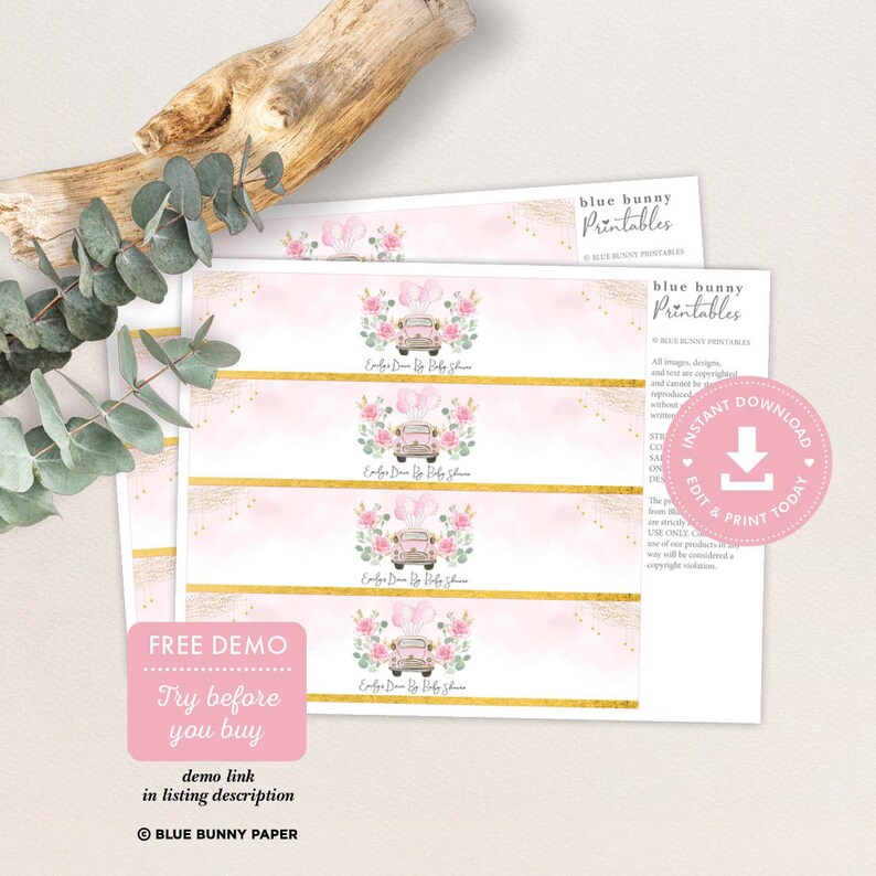 Drive By Baby Shower Water Bottle Labels Pink Floral Car Drive Etsy