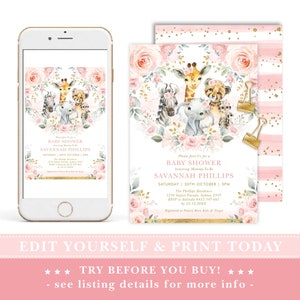 Blush Floral Jungle Baby Shower Invitation Wild Animals Safari Girl Baby Sprinkle Printable Invite Pink Gold Greenery EDITABLE TEMPLATE SAF8 image 4