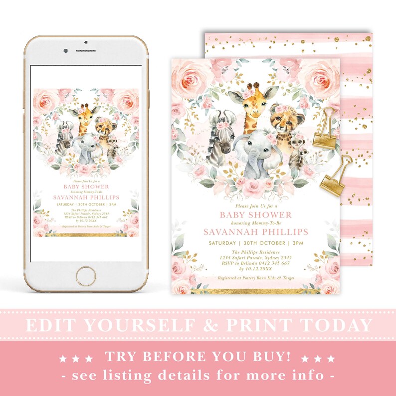 Blush Floral Jungle Baby Shower Invitation Wild Animals Safari Girl Baby Sprinkle Printable Invite Pink Gold Greenery EDITABLE TEMPLATE SAF8 image 4