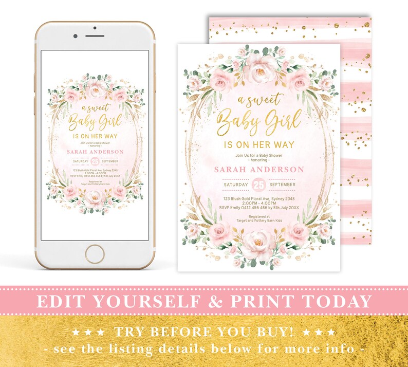 Może przedstawiać: R&oacute;żowe i złote zaproszenie na baby shower z wieńcem kwiatowym i tekstem "a sweet Baby Girl is on her way". Zaproszenie zawiera imię "Sarah Anderson" i datę "sobota, 25 września".
