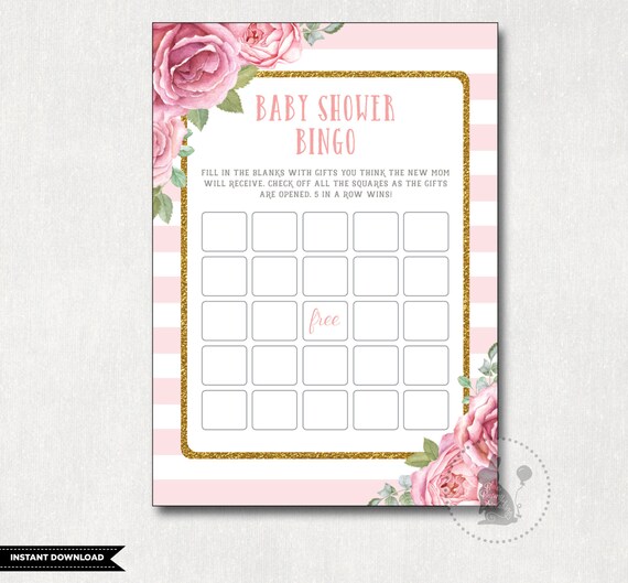 Floral Baby Shower BINGO Game. Pink and Gold Printable Game. Pastel Pink Baby Shower Activity. Rustic Flowers. Roses. Girl Baby Shower FLO3 Il_570xn