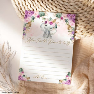 Boho olifant advies kaart voor ouders, moeder, moeder, meisje baby shower spel, blozen paarse bloemen wensen advies afdrukbare Instant Download, EL13
