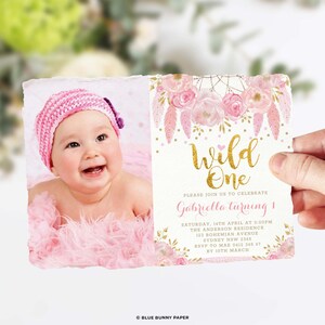 Tribal Pink Gold Dreamcatcher Wild One 1st Birthday Invitation Template. Boho Blush Floral Roses Peonies EDITABLE Printable Invite. BOHO3