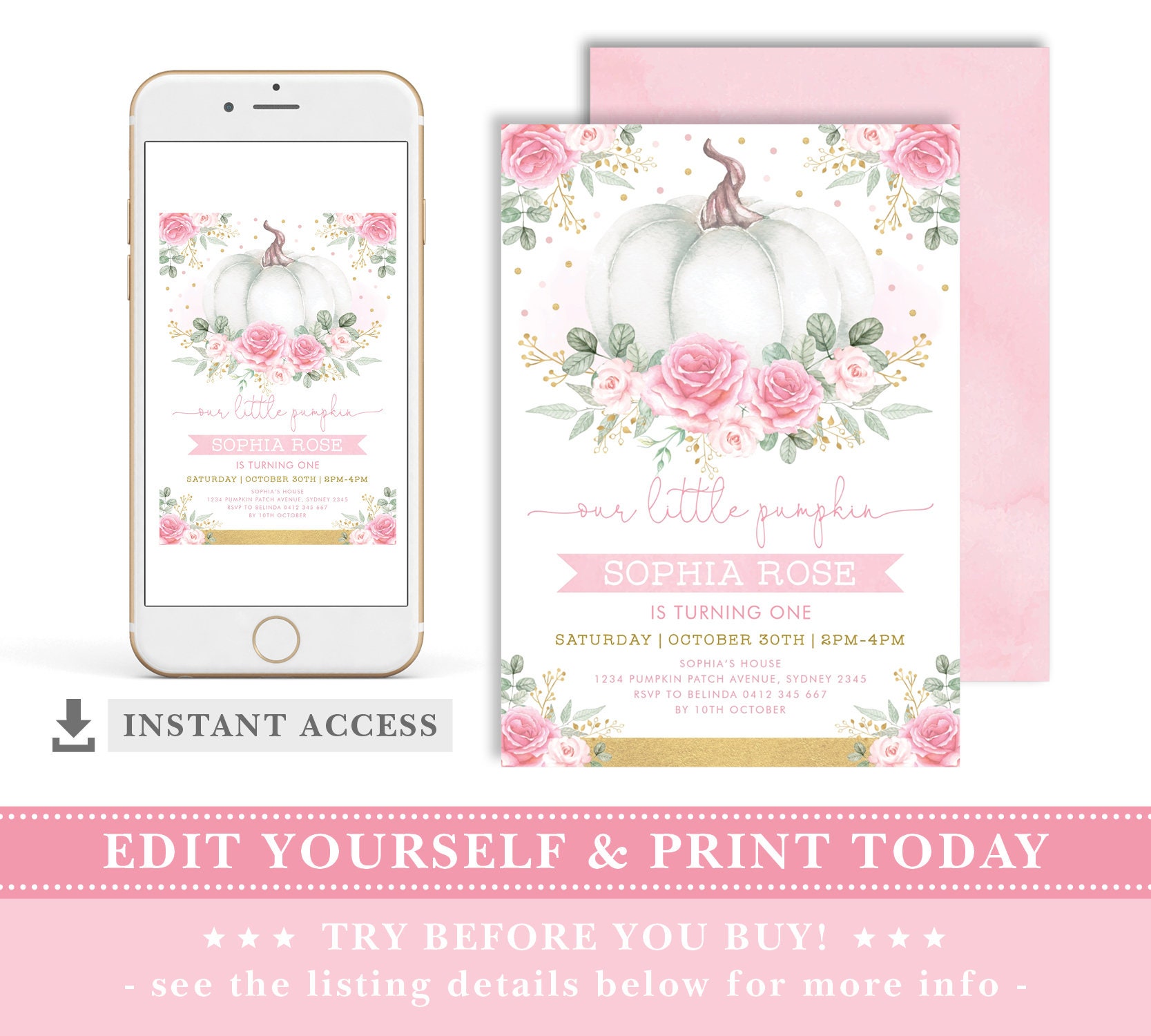 Pink Floral Pumpkin 1st Birthday Invitation. Autumn Fall Pink Gold ...