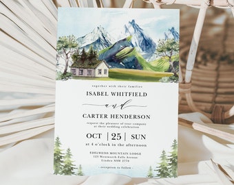 Editable Mountain Wedding Invitation Template, Pine Forest Wedding Invite, Rustic Wedding Digital Invitation Corjl Instant Download, MT1