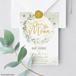 Over the Moon Baby Shower Invitation Twinkle Twinkle Little Star Printable Invite Dreamy Greenery Gold EDITABLE TEMPLATE Download. MOON9 image 3