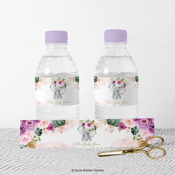Boho Elephant Water Bottle Label, Girl Elephant Baby Shower Favors, Blush Purple Tropical Floral Wild One Birthday EDITABLE TEMPLATE, EL13 Il_570xn
