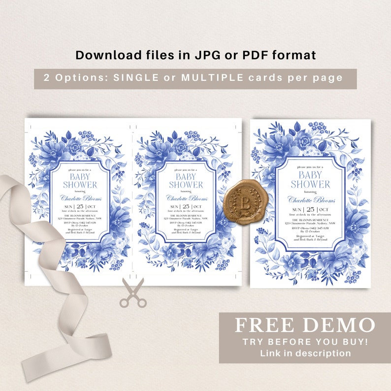 May include: Blue and white floral baby shower invitation with a gold wax seal. The invitation features a white background with blue floral designs and the text "Baby Shower" in a white frame. The invitation also includes the date and time of the shower, as well as the name of the guest of honor.