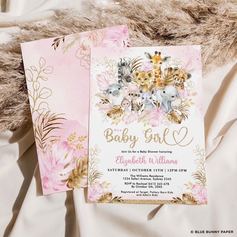 May include: Pink baby shower invitation with gold text and watercolor floral design. The invitation reads "It's a Baby Girl" and includes details for the event, featuring illustrations of baby animals.