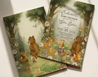 Faire-part de baby shower Woodland : livre de contes vintage (modèle modifiable, imprimable 5 x 7 po.), WOOD45