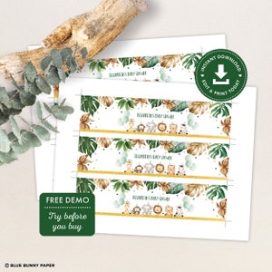 May include: Printable water bottle labels featuring a jungle theme with green leaves, gold accents, and cute animal illustrations. The labels say "Elizabeth's Baby Shower".