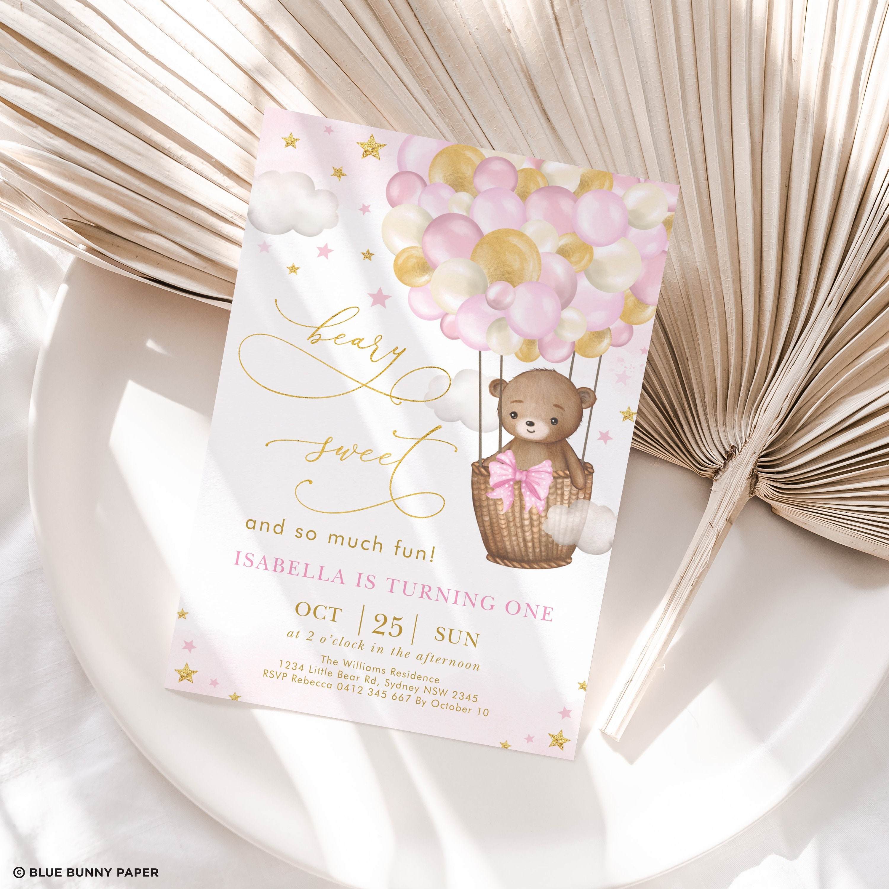 Girl Teddy Bear Hot Air Balloon Birthday Invitation, Pink Gold Stars Bear Cub Adventure Invite Editable Template Corjl Instant Download, BR9