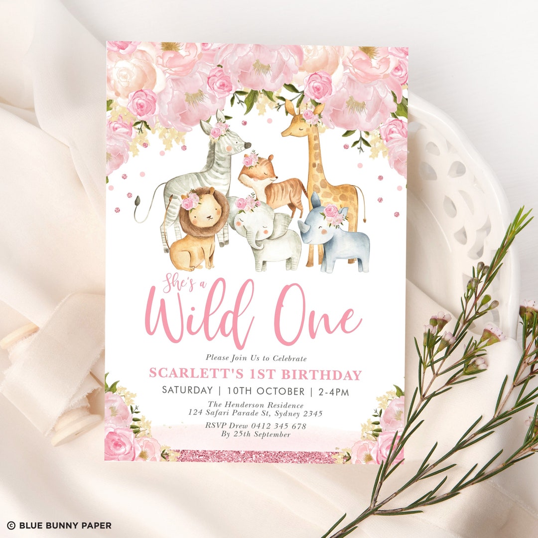 wild-one-birthday-invitation-template-girl-safari-animals-party-invite-editable-blush-pink-floral-jungle-first-birthday-printable-saf5-etsy