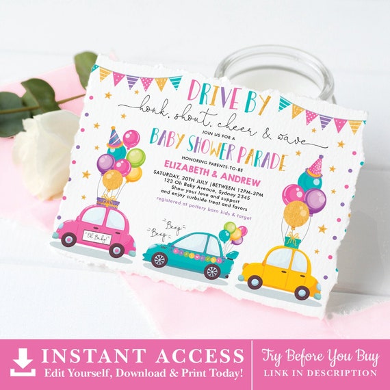 Editable Drive By Baby Shower Parade Invitation. Drive Through Baby