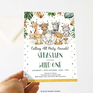 Safari Party Animals Birthday Invitation, Jungle Wild One 1st Birthday Invite, Tropical Greenery Gold Printable EDITABLE TEMPLATE, SAF11