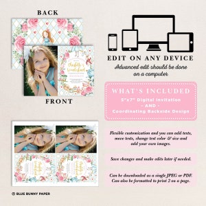 May include: A digital invitation for a child's birthday party with a whimsical Alice in Wonderland theme. The invitation features a girl in a blue dress, a teacup, and a teapot. The text on the invitation reads "Charlotte's Wonderland".