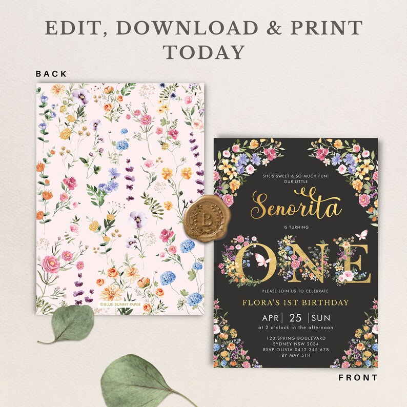 May include: A black and gold floral birthday invitation for a girl's first birthday. The invitation features a large gold number one with floral accents and the text "Senorita is turning one". The invitation also includes the date, time, and location of the party.