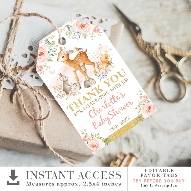 EDITABLE Girl Deer Baby Shower Favor Tags. Pink Gold Woodland Animals Party Printable. Floral Birthday Thank You Tag. WOOD16 image 2