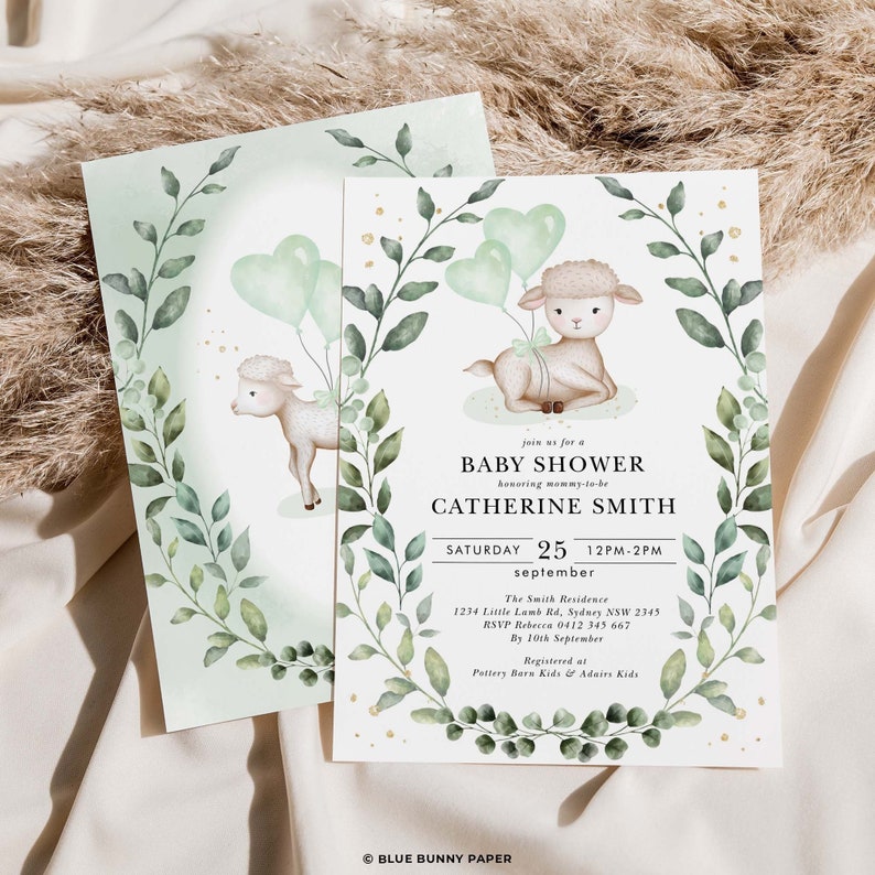Lamb Baby Shower Invitation, Greenery Wreath Gender Neutral Invite, Baby Sheep & Ballons EDITABLE TEMPLATE Printable Download, GR7 image 1