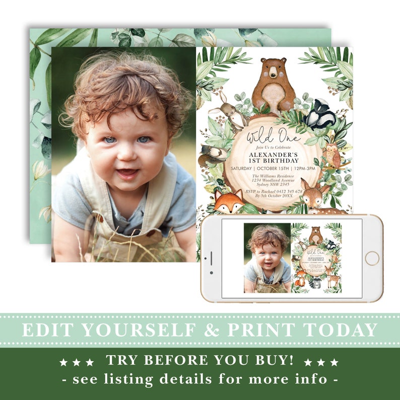 May include: A baby's photo and a woodland-themed birthday invitation. The invitation features a bear, fox, deer, and other forest animals. The invitation text reads "Wild One" and "Alexander's 1st Birthday". A smartphone displays the invitation.