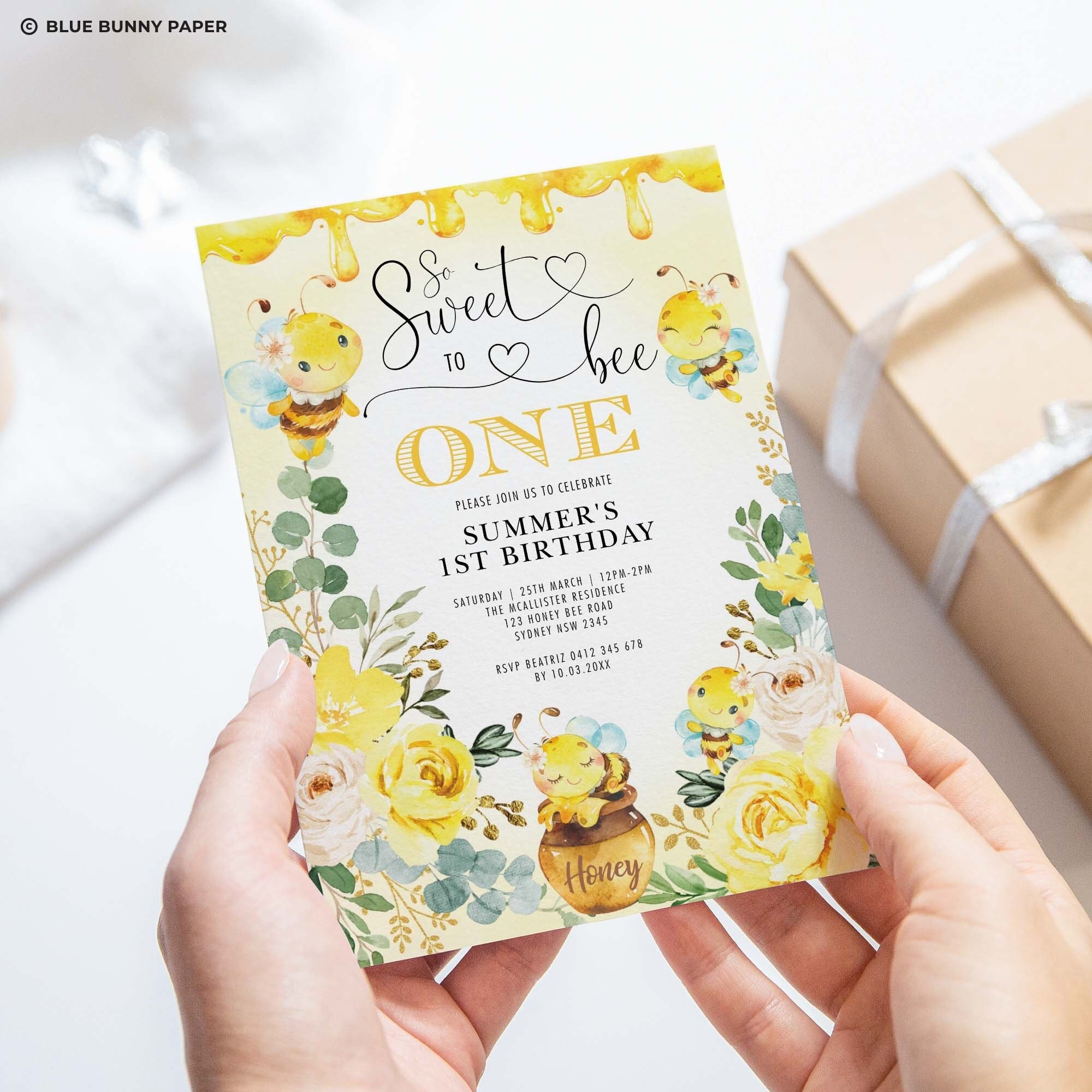 Editable Honey Bee 1st Birthday Invitation, Bumble Bee Party Invite, so ...