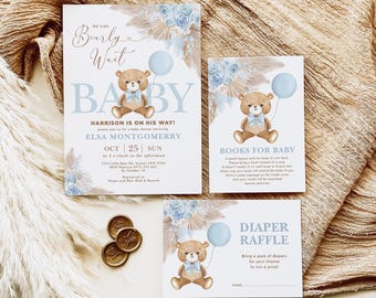 We Can Bearly Wait Baby Shower Invitation Bundle: Blue Teddy Bear Editable Templates, BR11