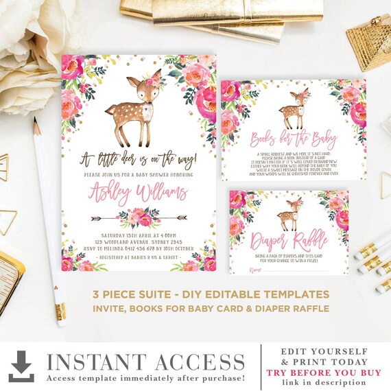 Pink Woodland Animals Fox Deer Bear Bunny Baby Shower Invitation Editable Pdf