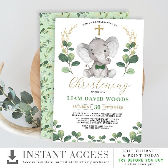 EDITABLE Greenery Elephant Christening Invitation. Little Man Baptism Printable Invite. Cute Jungle Botanical INSTANT DOWNLOAD Template GR1 Il_570xn