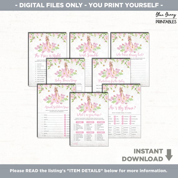 Girl Bunny Baby Shower GAMES PACKAGE. 8x Pink Floral Rabbit Baby Girl Printable Games. Price Is Right. Predictions. Bingo. Purse Game. BUN5