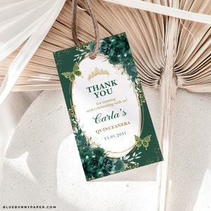 Smaragdgrün Quinceanera Favor Tag Schmetterling Rosen Mis Quince 15 Anos Birthday Party Favors Printable Tag Editierbare Vorlage Herunterladen FLO17