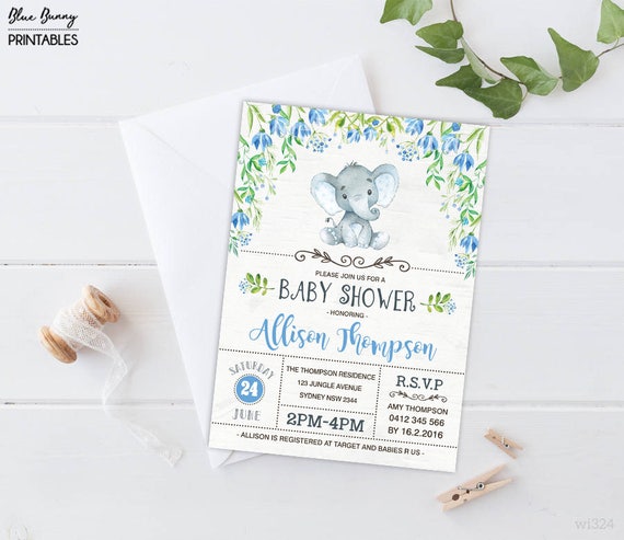 ELEPHANT Baby Shower Invitation. Printable. Baby Boy. Woodland Baby Shower Invite. Little Peanut. Blue Flowers. Jungle. Floral Shower EL-B2 Il_570xn