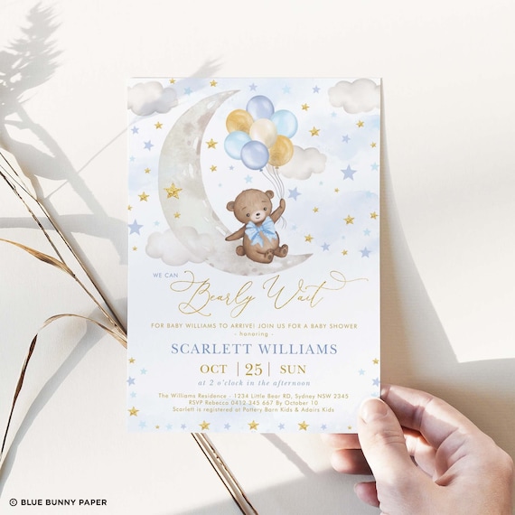Blue Gold Teddy Bear Balloon Baby Shower Invitation Blue Gold, Moon & Stars Boy Bear Baby Invite, EDITABLE TEMPLATE Corjl Download, BR8 Il_570xn