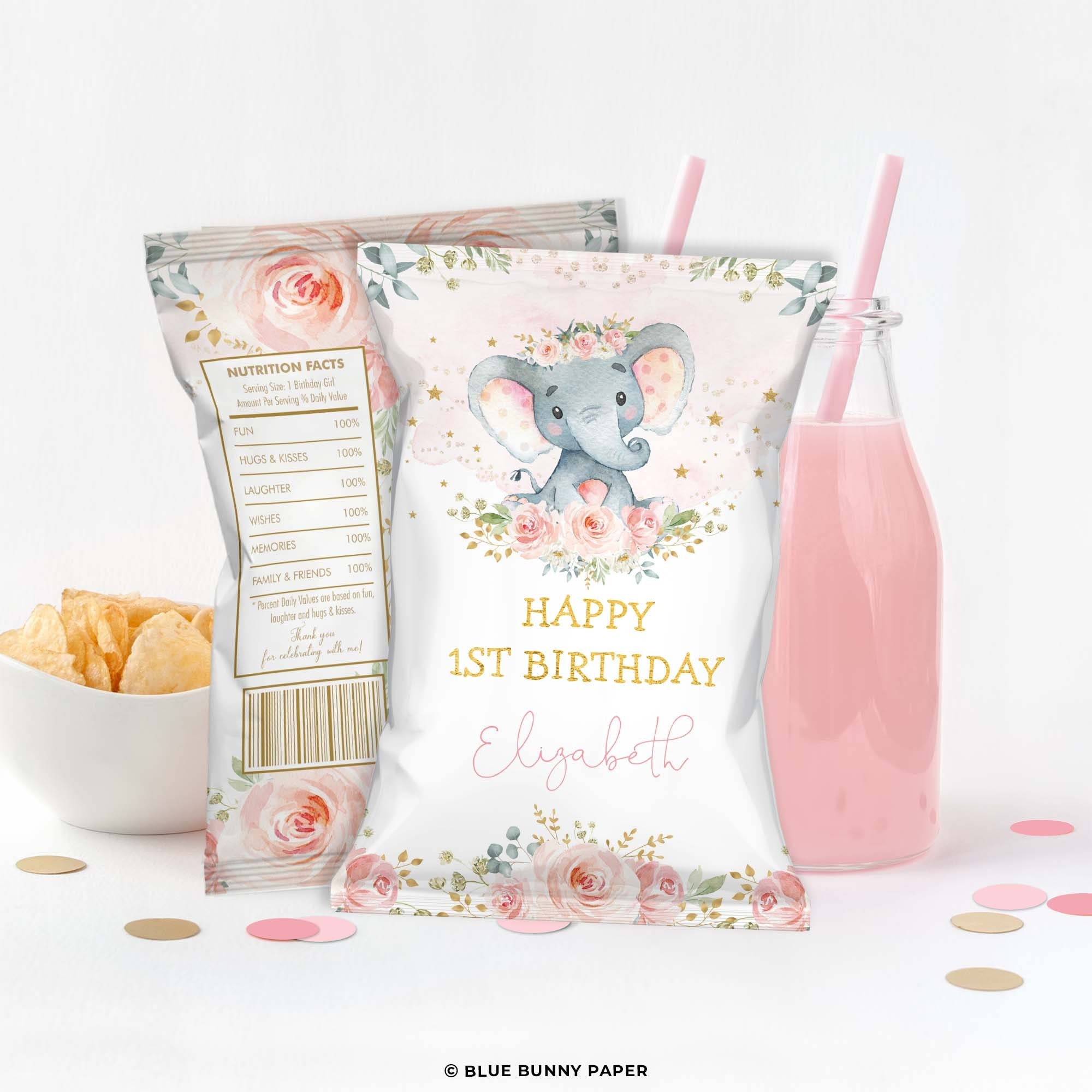 Editable Blush Elephant Chip Bag Girl Elephant Baby Shower Etsy