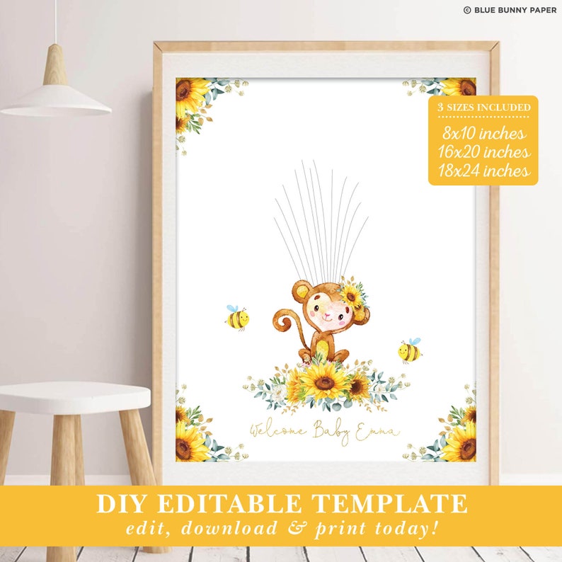 Sunflower Monkey Thumbprint Guestbook, Summer Floral Jungle Monkey Fingerprint Tree Printable Welcome Baby Sign EDITABLE TEMPLATE, MO3 image 3