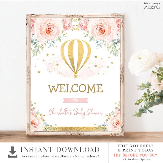 Hot Air Balloon Welcome Sign. Blush Pink Gold Floral Girl Baby Shower Decorations. Adventure 1st Birthday EDITABLE TEMPLATE. HAB5 Il_570xn