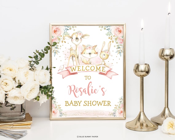 Girl Woodland Baby Shower Welcome Sign. Blush Pink Floral Baby Sprinkle Decorations. Forest Animals Wild One Party EDITABLE TEMPLATE. WOOD13 Il_570xn