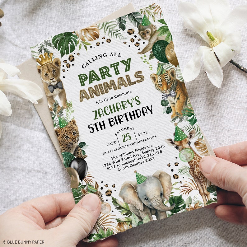 May include: A green and gold jungle-themed party invitation for a 5th birthday. The invitation features a variety of animals, including a lion, tiger, giraffe, and elephant. The text on the invitation reads "Calling all Party Animals" and "Zachary's 5th Birthday".