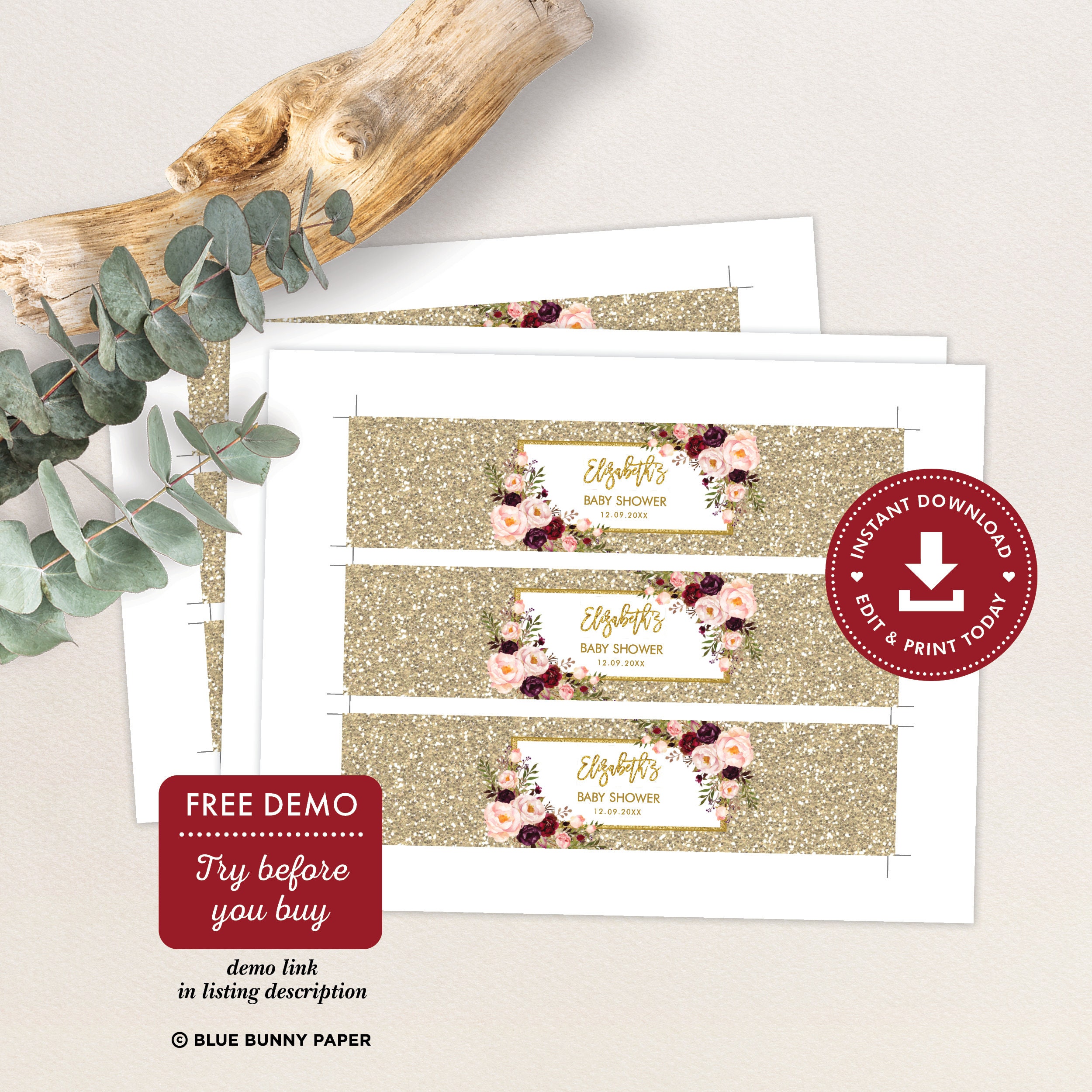 Glam Water Bottle Label Template, Gold Glitter Baby Shower, Blush ...