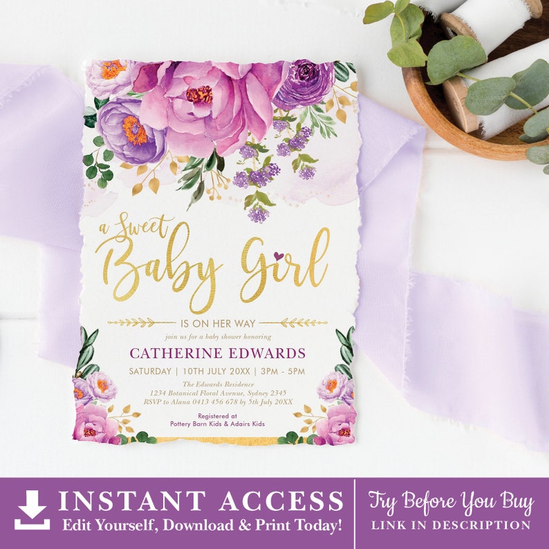 May include: A purple and gold baby shower invitation with floral designs. The invitation reads "a Sweet Baby Girl is on her way" and includes the name Catherine Edwards, the date and time of the shower, and the location. The invitation also includes the text "Registered at Pottery Barn Kids & Adairs Kids".