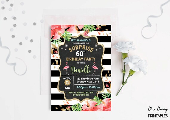 FLAMINGO Surprise Birthday Invitation. 30th 40th 50th 60th Woman Birthday Invite. Tropical Pool Party Invite Black Gold Glitter SummerFLA2 Il_570xn