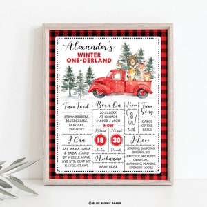 May include: A red and black buffalo plaid printable poster with a red truck and woodland animals. The poster is for a child's first birthday and includes the child's name, Alexander, and details about their first year, including their birthdate, weight, height, favorite foods, and activities. The poster also includes the text "Winter One-derland".