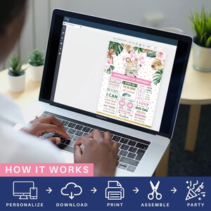 May include: A printable digital download for a first birthday party. The poster features a pink and green tropical theme with a jungle animal illustration. The poster includes the child's name, birthdate, and a list of things the child can do and loves.